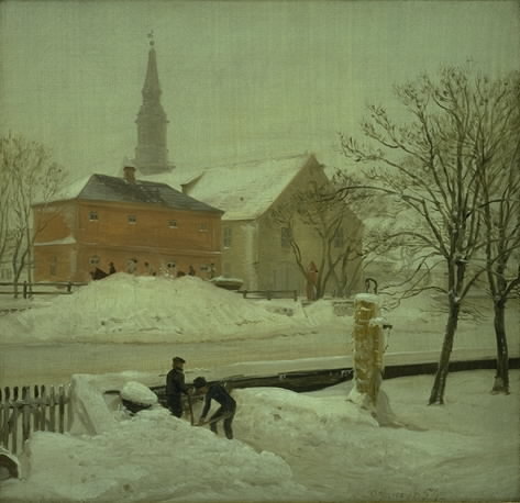Udsigt fra kunstnerens bolig i Løweners ejendom på Christianshavn. Vinterdag med sne, 1854, Peter Christian Skovgaard