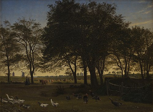 Parti ved Iselingen. I baggrunden Vordingborg Kirke og Gåsetårnet. Septemberaften, 1865, Peter Christian Skovgaard
