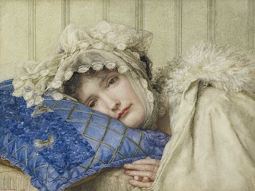 Girl in a Bonnet with her Head on a Blue Pillow, 1902, Anna Alma-Tadema