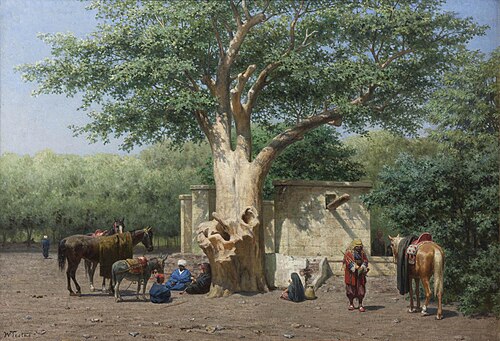 Le puits et le vieux sycomore a la place de l'Esbekieh au Kaire (Égypte), 1884, Willem de Famars Testas