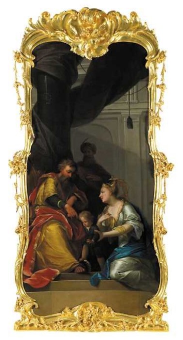 Schoorsteenstuk met voorstelling van Mozes die op de kroon van de Farao trapt (naar Flavius Josephus, , Dionys van Nijmegen