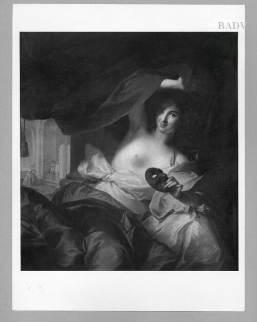 Girl with bare bosom with Domino mask under courtain, 1710, Jean-Marc Nattier
