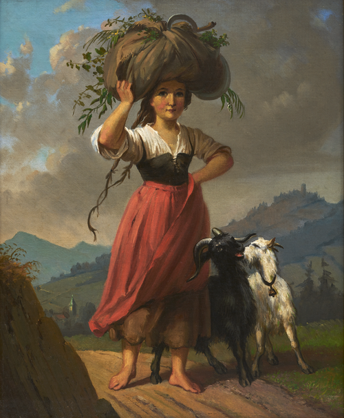 Fille de paysans avec deux chèvres, une botte de foin sur la tête, 1856, Dominik Weber