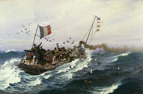 Lâcher de pigeons militaires à bord d'un torpilleur, dans la Manche, 1895, Paul Jobert