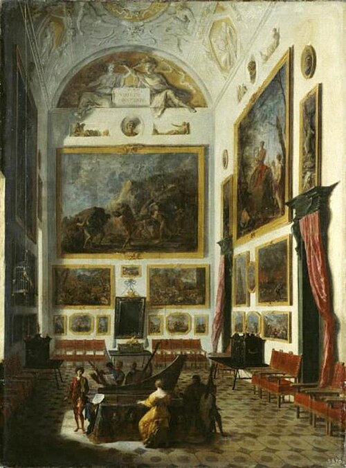 Spinet player in an interior with paintings, 1670, Johann Heinrich Schönfeld