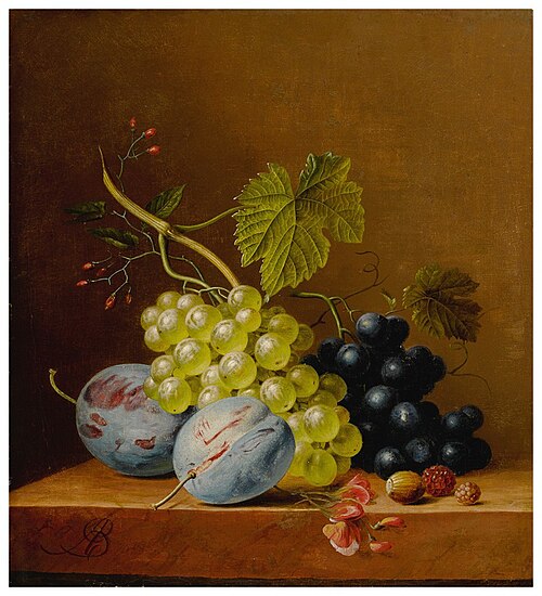 Grapes, plums, raspberries, flowers and an acorn on a wooden ledge, , Arnoldus Bloemers