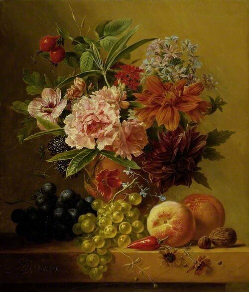 Pot of flowers and fruit, , Arnoldus Bloemers