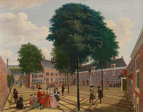 The large courtyard of the leper house, 1735, Louis Chalon