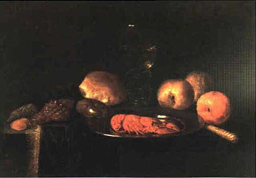 Still life with crayfish on a pewter plate, roemer, bread, shells, and oranges, 1662, Abraham Susenier