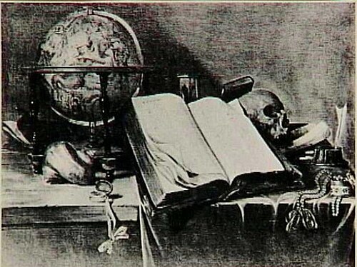 Vanitas still life with globe, books and skull, 1664, Abraham Susenier