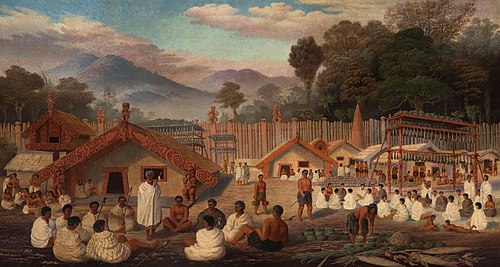 The interior of a Maori pa in the olden time, 1885, Sam Stuart