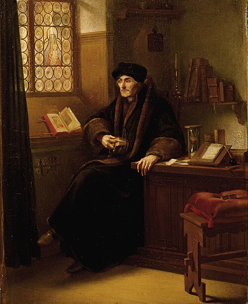 Portrait of Erasmus in interior, 1863, Jacobus Ludovicus Cornet