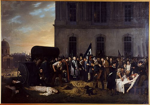 Inhumation provisoire des victimes de Juillet devant la colonnade du Louvre, 1831, Jean Alphonse Roehn