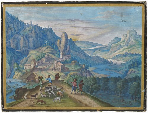 Berglandschap bij valavond met rivierdal en figuren, 1640, Johann Jacob Besserer