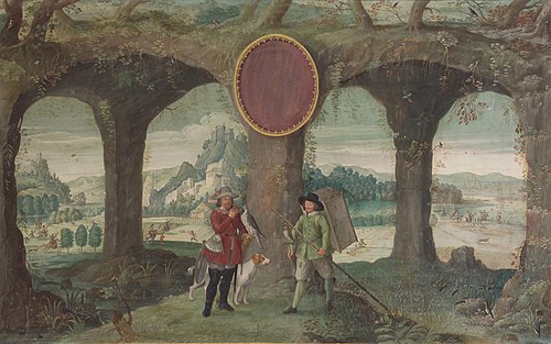 Jahreszeiten mit Jagddarstellungen: Frühling (Falkner mit Falkenbeize) und Sommer (Vogelsteller mit , , Johann Jacob Besserer