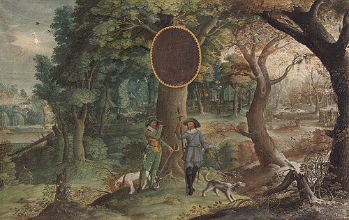 Jahreszeiten mit Jagddarstellungen: Herbst (Jäger mit Hasen- und Hirschjagd) und Winter (Jäger mit S, , Johann Jacob Besserer