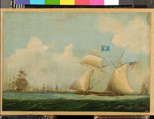 An American privateer schooner and other vessels near a harbour, 1815, Charles Burton