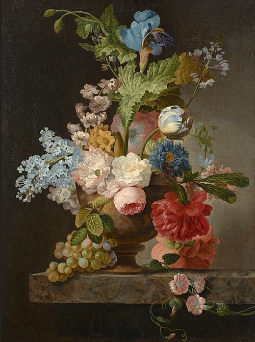 Bouquet of flowers with a bunch of grapes, 1792, Peter Faes