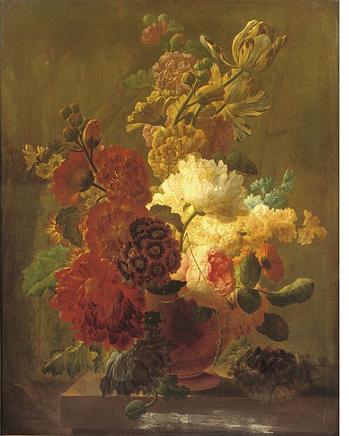 Roses, tulips, violets and other flowers in an urn on a stone ledge with a bird's nest, 1792, Peter Faes