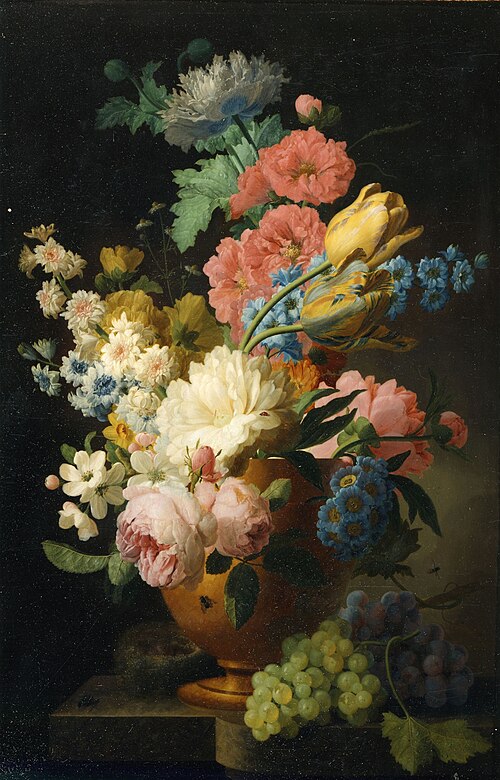 Flowers in a vase on a ledge, 1793, Peter Faes