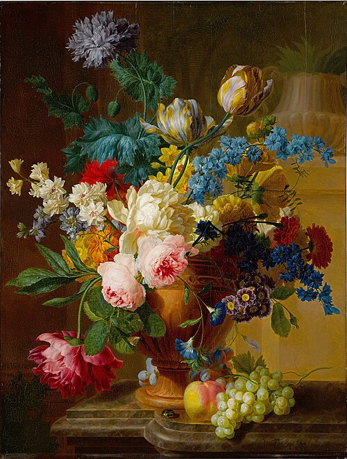 Still Life of roses, peonies, tulips, narcissus, and other flowers in a terracotta vase, with grapes, 1782, Peter Faes