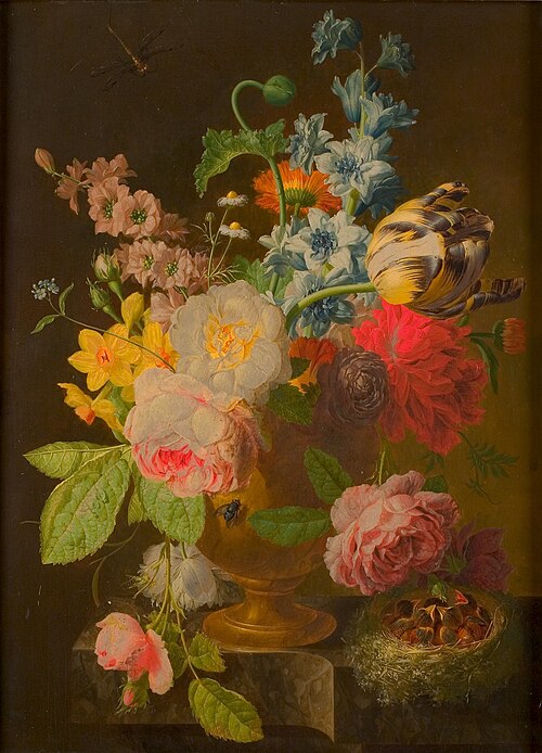 Bloemstilleven met nest jonge vogels, 1788, Peter Faes