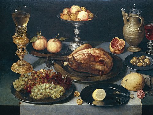 Mets, fruits et verres sur une table, 1630, Gotthardt Wedig