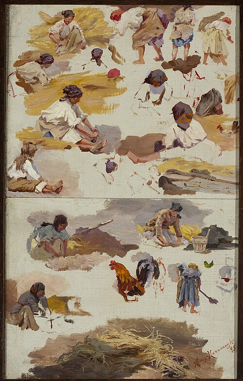 Studies of peasant women for the painting “Building a cottage”, 1895, Maria Klass-Kazanowska