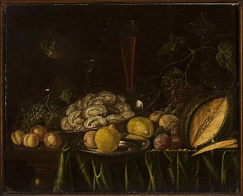 Still life with – fruit, mussels and a bird, , Cornelis de Bryer