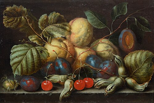 Still life with cherries, plums and peaches, , Cornelis de Bryer