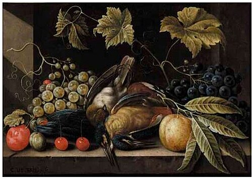 Still life with grapes, plums, cherries and songbirds, 1652, Cornelis de Bryer
