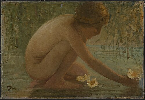 Badendes Mädchen, Wasserrosen pflückend, 1904, Georg Tyrahn