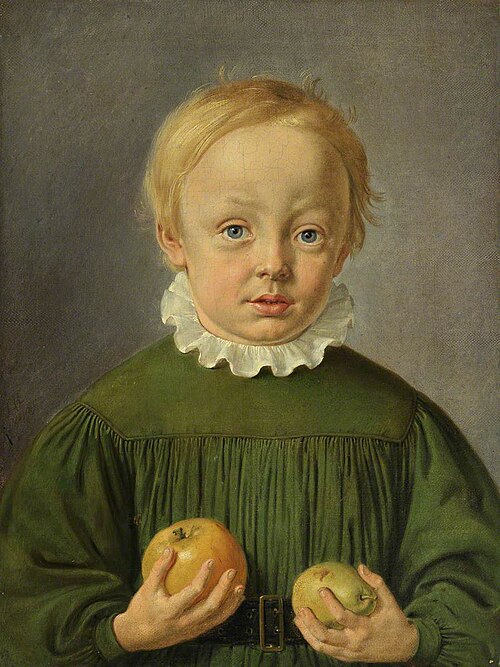 Boy holding an Apple and a Pear, 1843, Georg Raedel