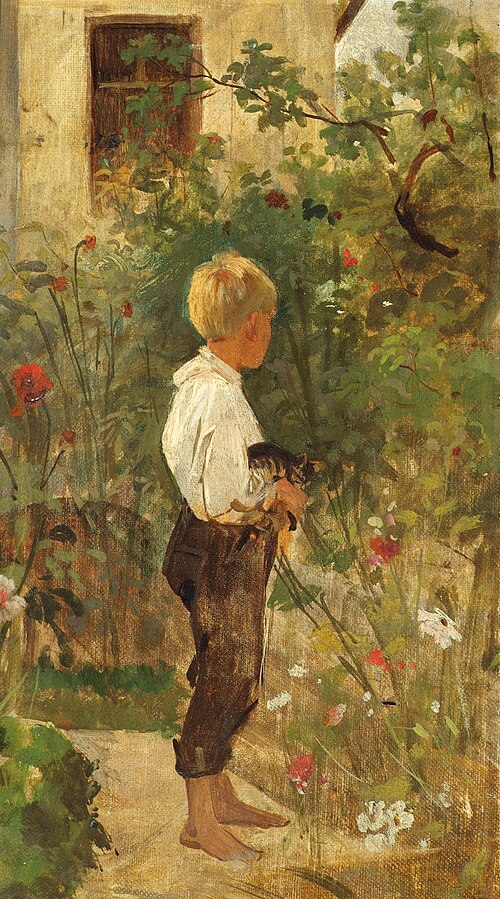 Knabe mit Katze im Garten, , Joseph Hasslwander