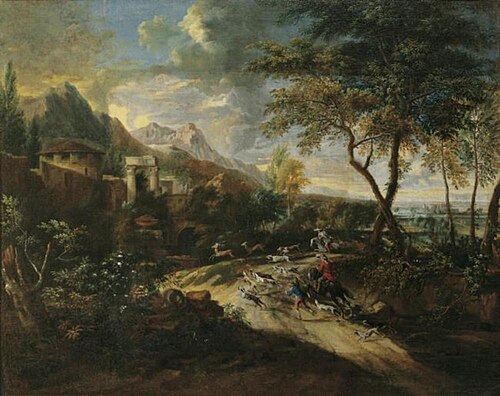 Deer hunt in hilly terrain, 1693, Anton Faistenberger