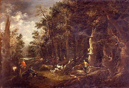 Landscape with a bear hunt, 1650, Hans de Jode
