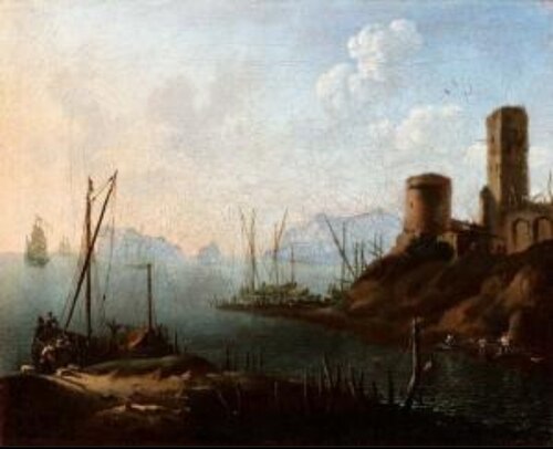 Seascape with boats at the landing and towers, 1652, Hans de Jode