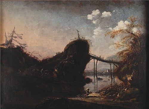 Landscape with a bridge and cross, 1659, Hans de Jode