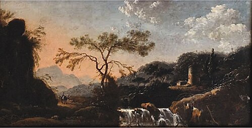 Landscape with waterfall, tower and figures, 1659, Hans de Jode