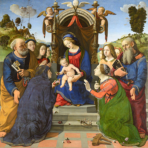 Madonna and Child Enthroned with Saints Peter, John the Evangelist, Elizabeth of Hungary (?), Cather, 1493, Piero di Cosimo
