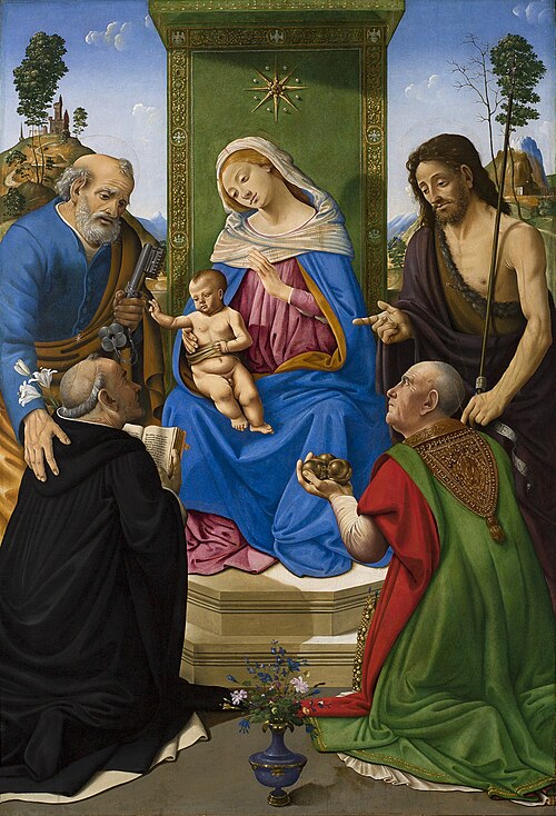 Madonna and Child Enthroned with Sts. Peter, John the Baptist, Dominic and Nicholas of Bari, 1483, Piero di Cosimo