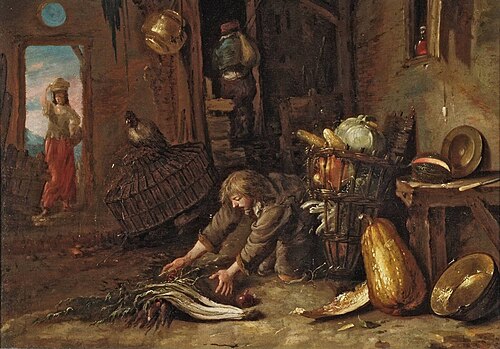 Farm interior with a kneeling man, 1645, Willem Kalf