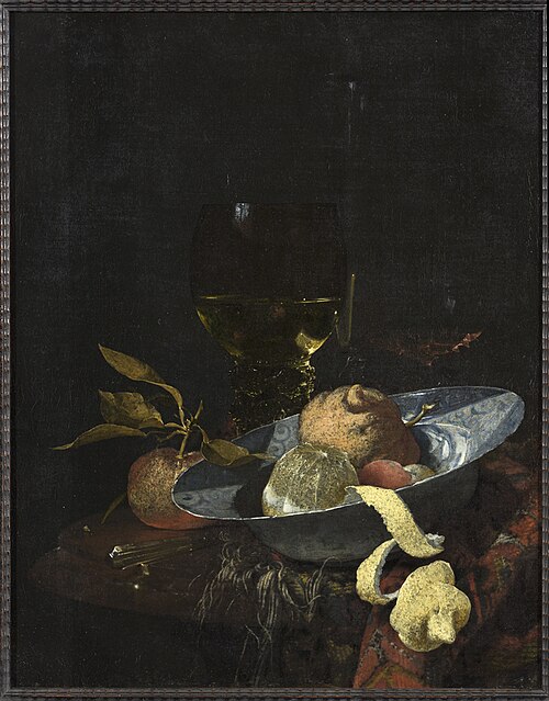 Still life with a porcelain bowl with fruit and glasses on a round marble table, 1660, Willem Kalf