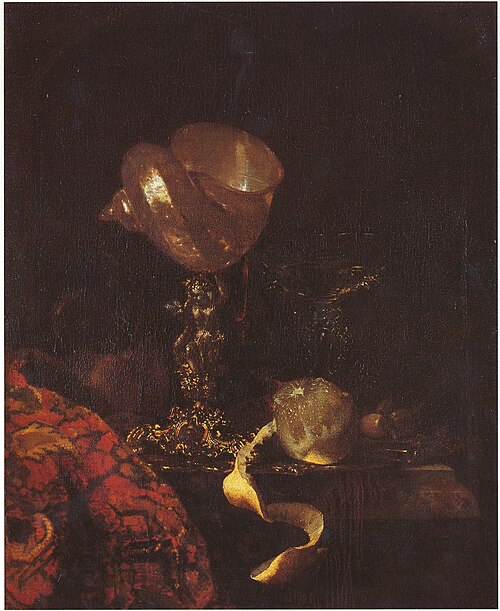Still life with shell cup, glasses and a lemon, 1663, Willem Kalf