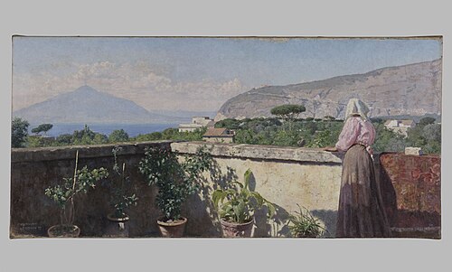 Femme sur la terrasse de l'hôtel Cocumella. Vue sur le Vésuve, 1897, Henry Brokmann