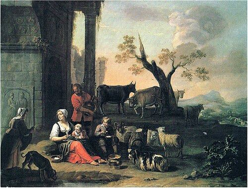 A shepherd family resting by classical ruins, 1650, Abraham Willemsens