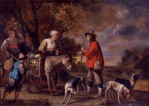 Landscape with woman selling vegetables to a hunter, 1650, Abraham Willemsens