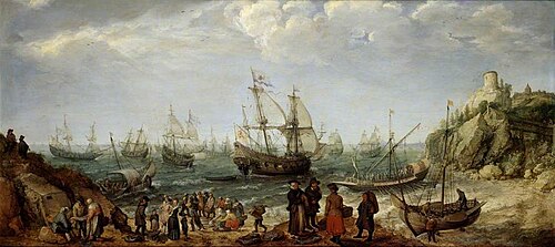 Warships off the Coast with a Fishmarket on the Beach, 1620, Adam Willaerts