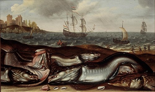 Visstilleven met strandgezicht, 1657, Adam Willaerts