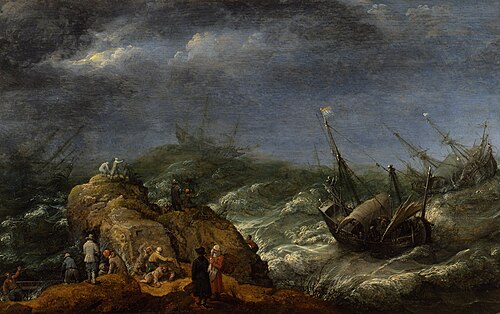 Schipbreuk op rotsen, 1621, Adam Willaerts